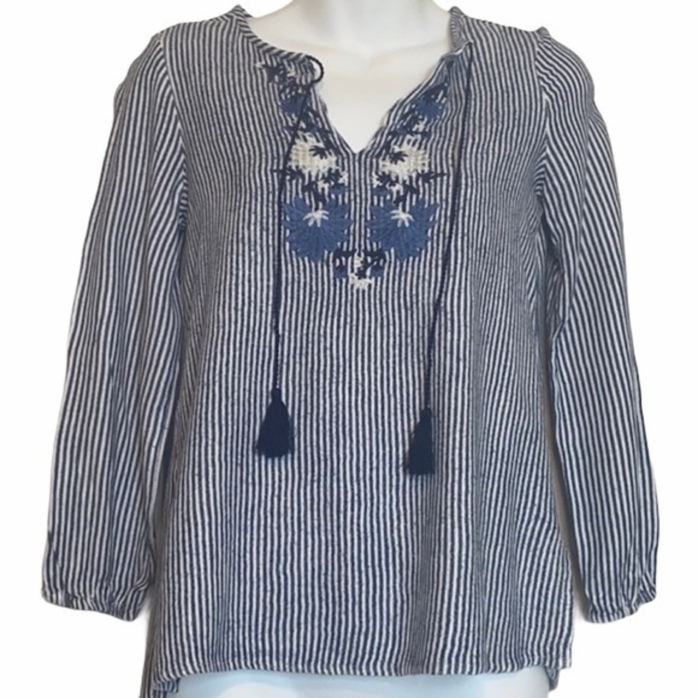 Old Navy Blue & White Striped Boho Top with Flower